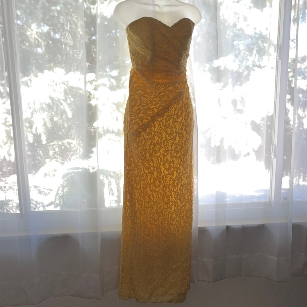 Strapless Yellow Lace Evening Gown- David’s Bridal Bridesmaid Dress
